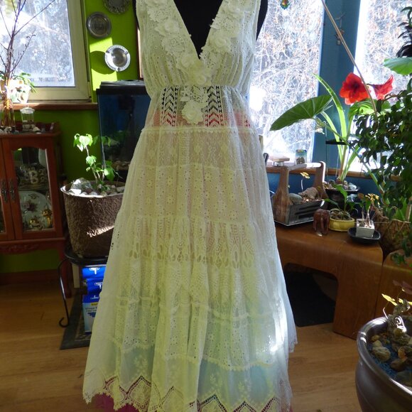 GOTH BOHO PRAIRIE WEDDING WHITE FLORAL EYELET WOVEN TIERED FULL MAXI DRESS XL - Picture 8 of 16